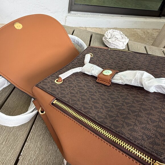 Michael Kors Phoebe Medium FLAP Drawstring Brown MK Travel School Backpack - Picture 14 of 16